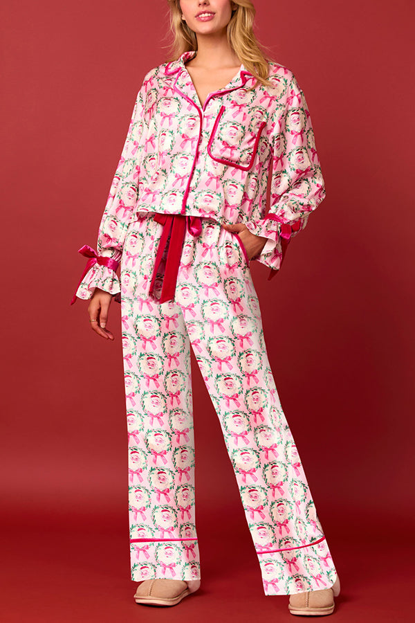 Mune | Christmas Printed Velour Lacing Long Sleeve Pocket Top and Elastic Waist Pants Set