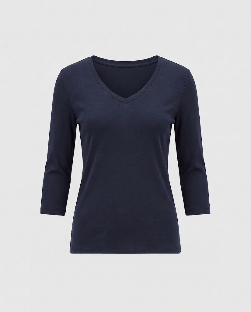 Women Fitted V-Neck Fine Knit Long Sleeve with Three-Quarter Sleeves Mune Fashion