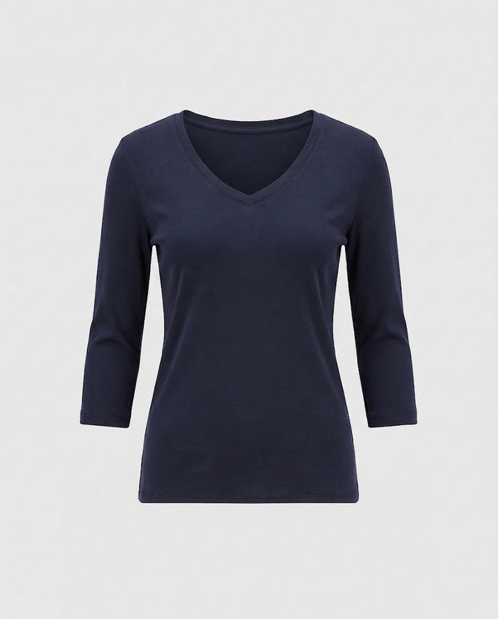 Women Fitted V-Neck Fine Knit Long Sleeve with Three-Quarter Sleeves Mune Fashion