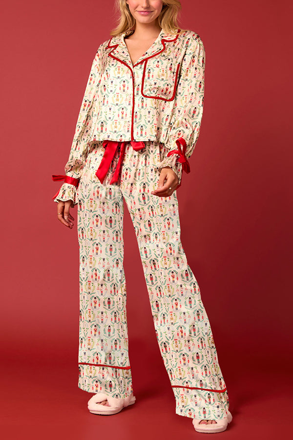 Mune | Christmas Printed Velour Lacing Long Sleeve Pocket Top and Elastic Waist Pants Set