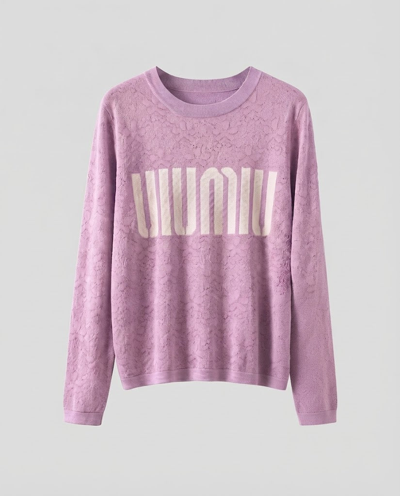 Women's fine knit pullover with round neckline, jacquard structure and logo front Mune Fashion