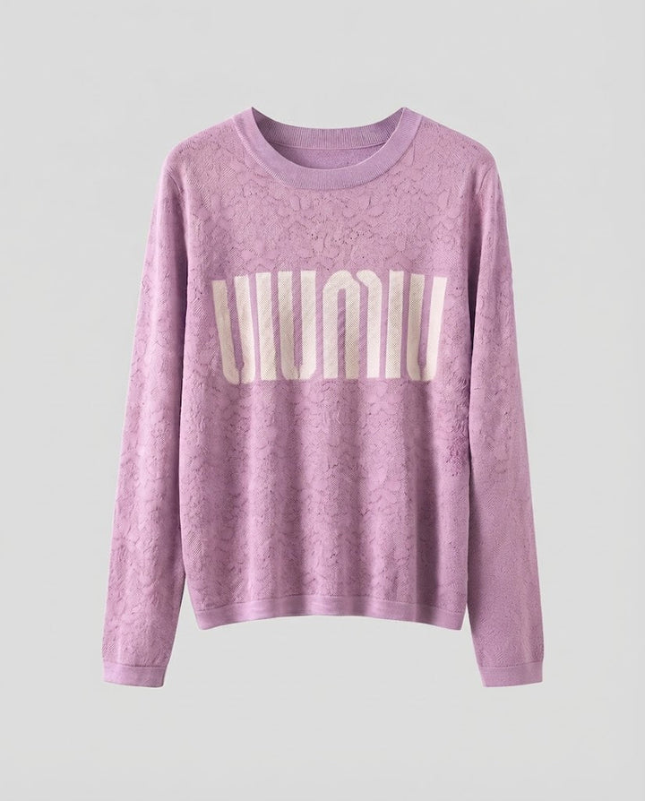 Women's fine knit pullover with round neckline, jacquard structure and logo front Mune Fashion