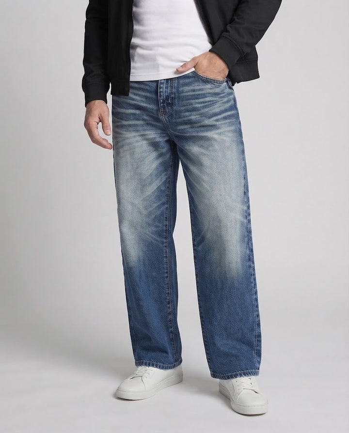 Men's baggy jeans in extra wide palazzo cut with distinctive whisker and ombre fade Mune Fashion