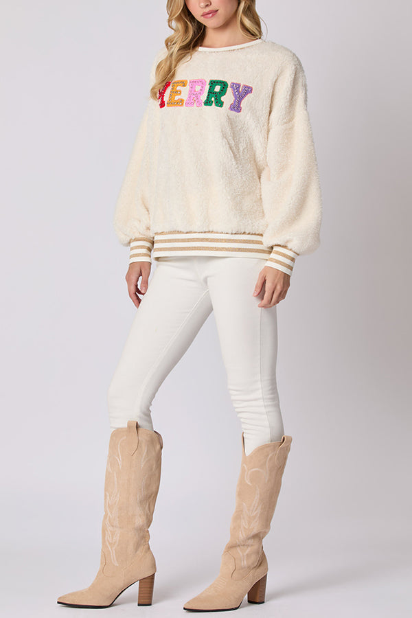 Mune | Christmas Letters Rhinestone Long Sleeve Round Neck Sweatshirt