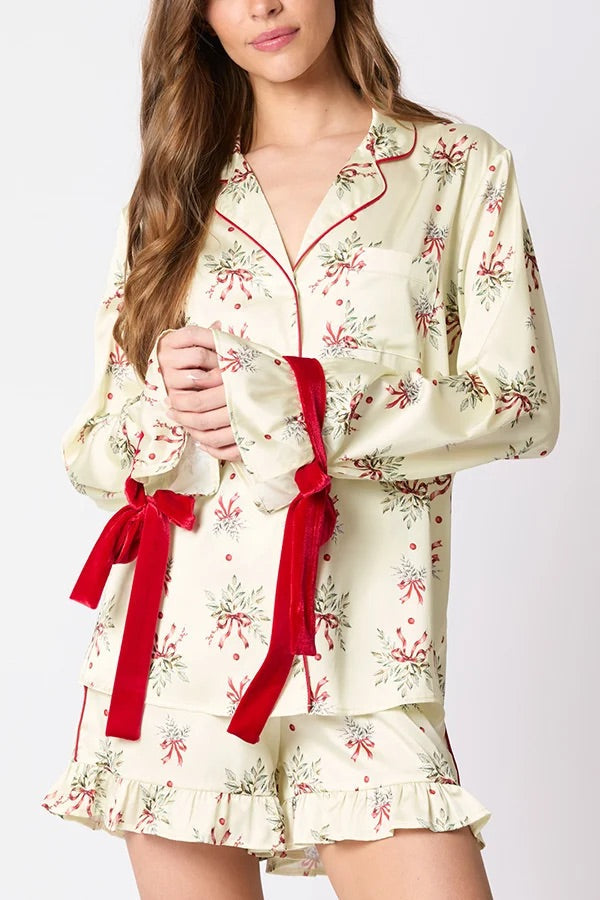 Mune | Christmas Fashion Printed Bow Top and Elastic Waist Ruffle Shorts Set