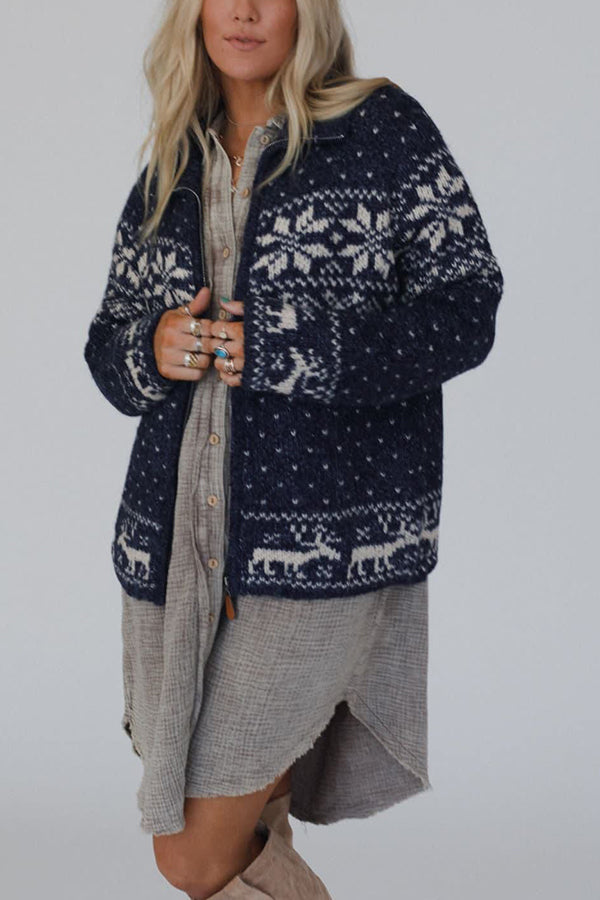 Mune | Christmas Snowflake Moose Zip Long Sleeve Sweater