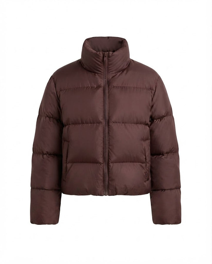 Women's ultra-lightweight hoodless oversized puffer with high standing collar, silent outer shell, and thermally insulating padding