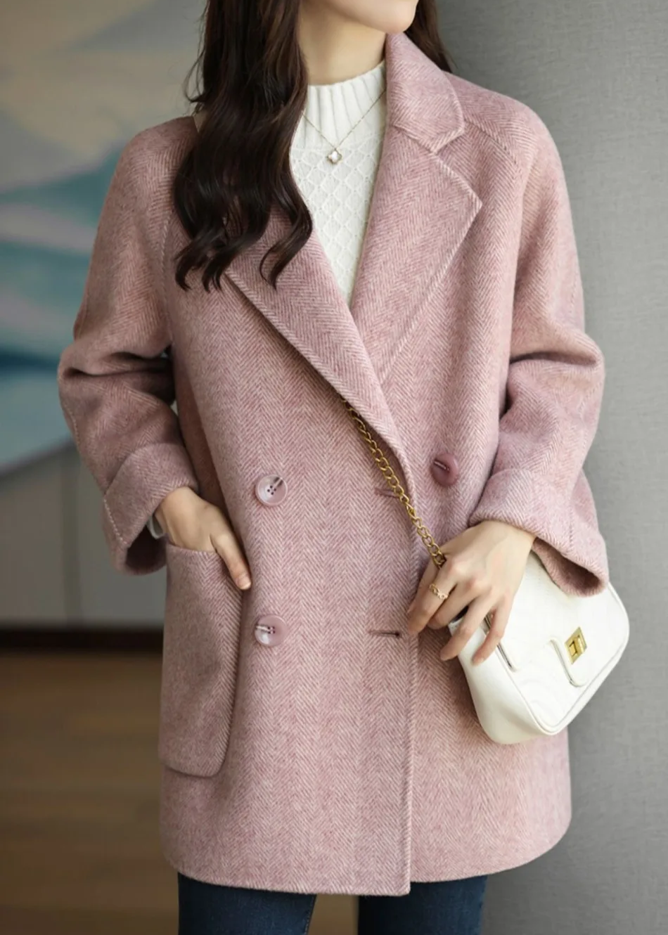 Mune | Women's Wool Blend Trench Coat with Double Button Placket and Notch Collar
