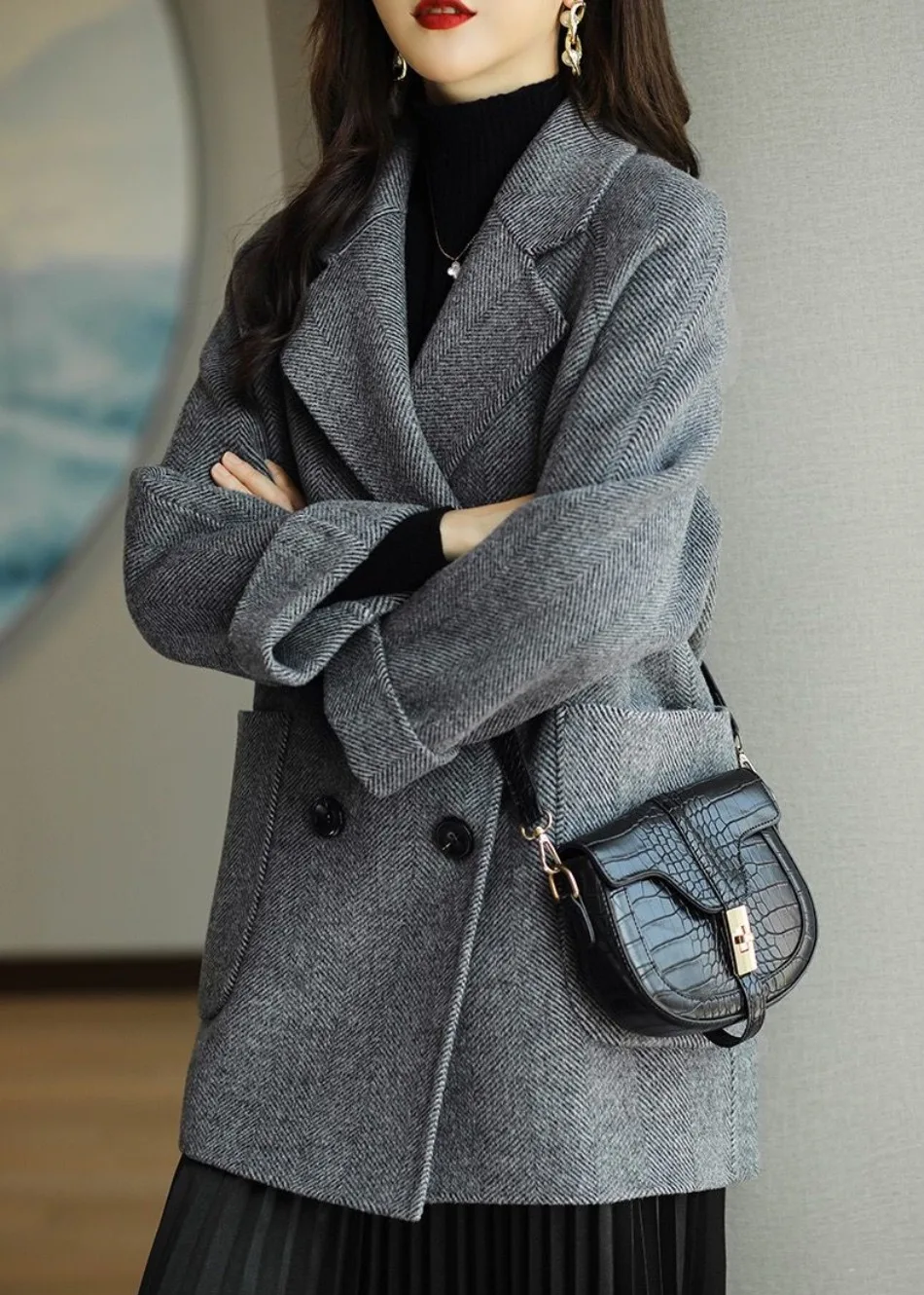 Mune | Women's Wool Blend Trench Coat with Double Button Placket and Notch Collar
