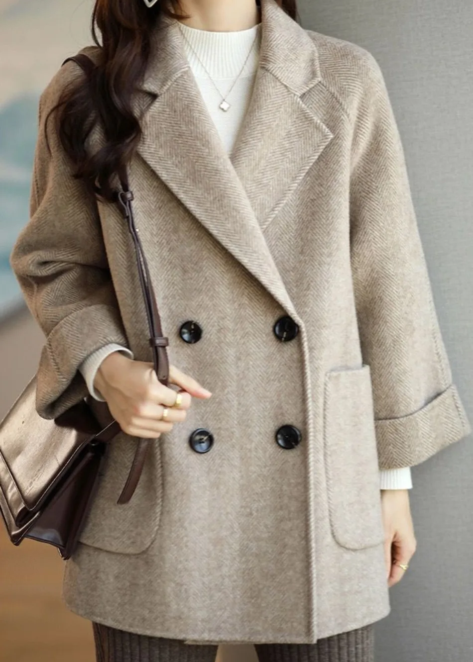 Mune | Women's Wool Blend Trench Coat with Double Button Placket and Notch Collar