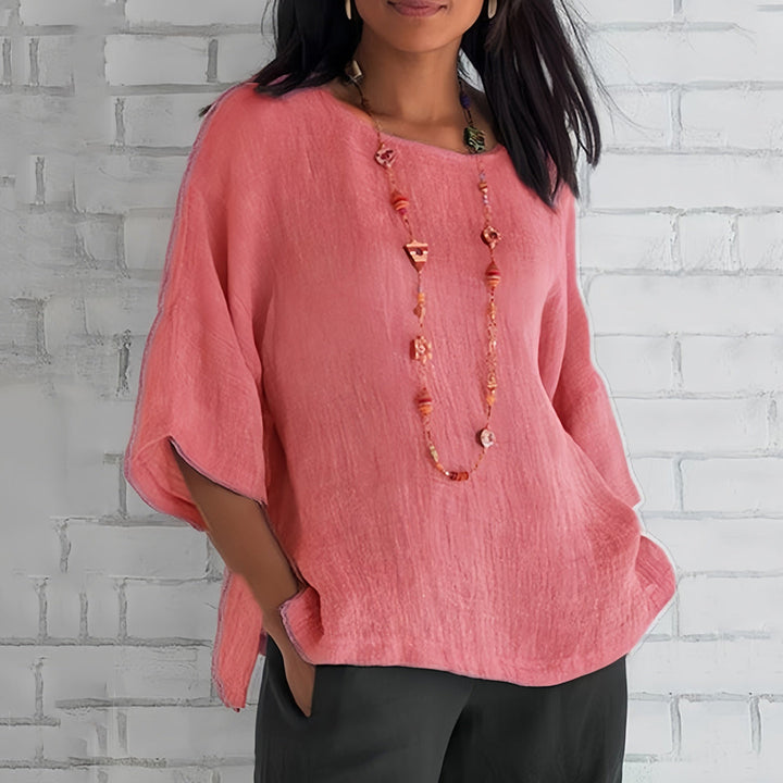 Mune Fashion | Pink Loose Round Neck Shirt with 3/4 Sleeves for Women