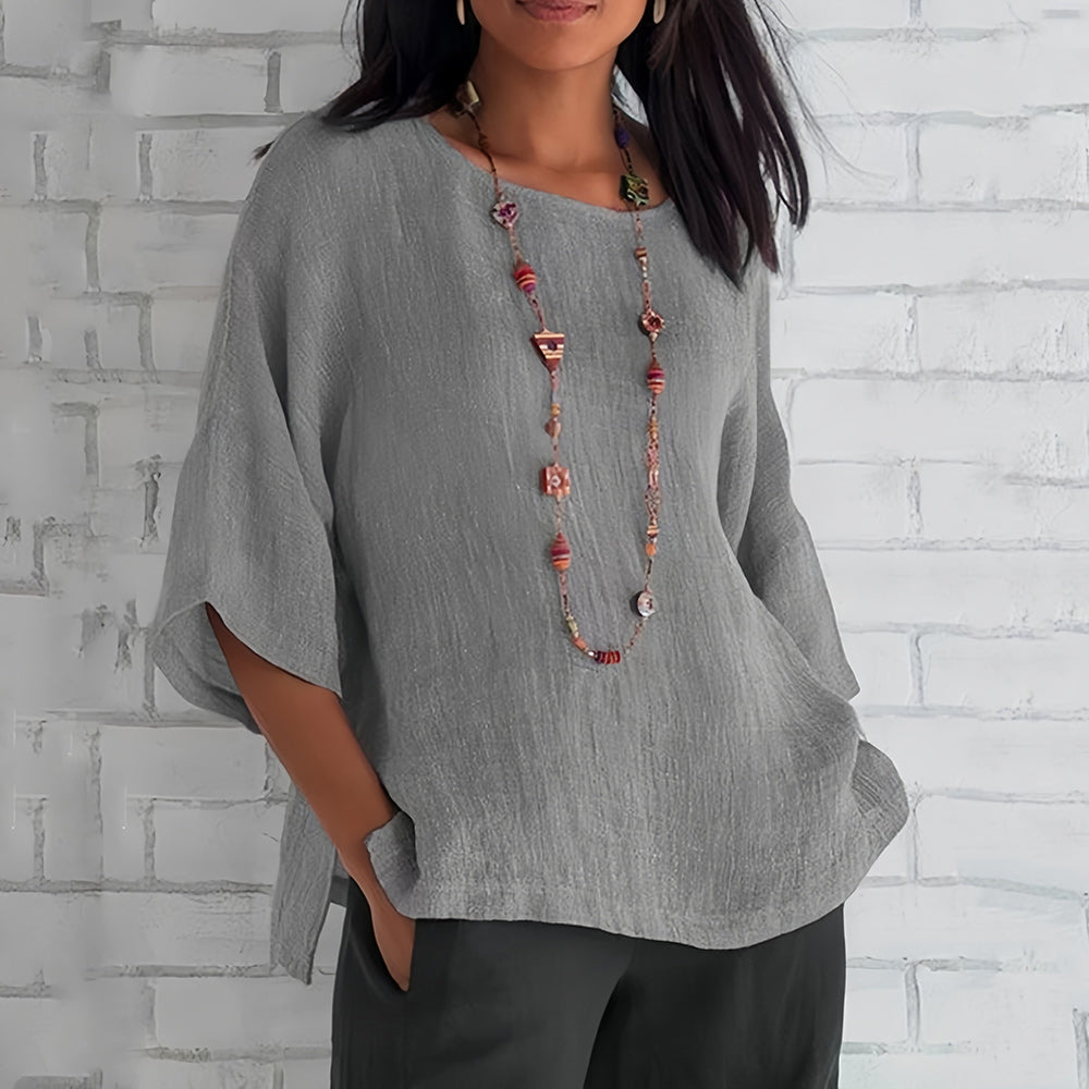 Mune Fashion | Pink Loose Round Neck Shirt with 3/4 Sleeves for Women
