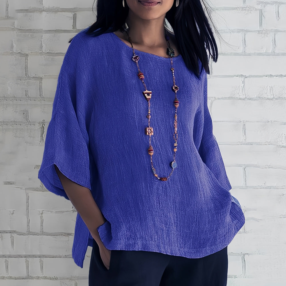 Mune Fashion | Pink Loose Round Neck Shirt with 3/4 Sleeves for Women