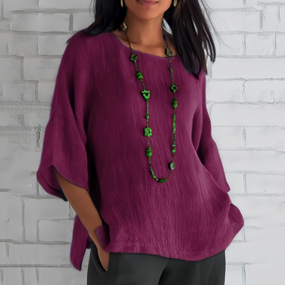 Mune Fashion | Pink Loose Round Neck Shirt with 3/4 Sleeves for Women