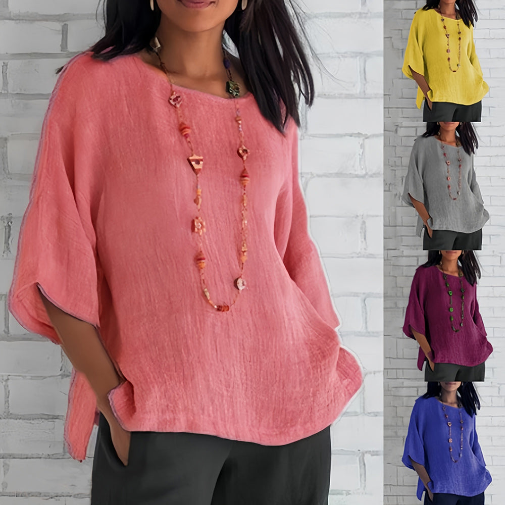 Mune Fashion | Pink Loose Round Neck Shirt with 3/4 Sleeves for Women