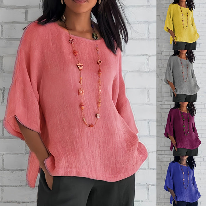 Mune Fashion | Pink Loose Round Neck Shirt with 3/4 Sleeves for Women
