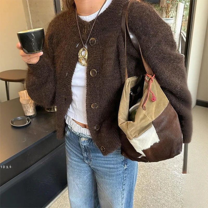 Mune | Women Brown Cardigan with Long Sleeves and Button Closure