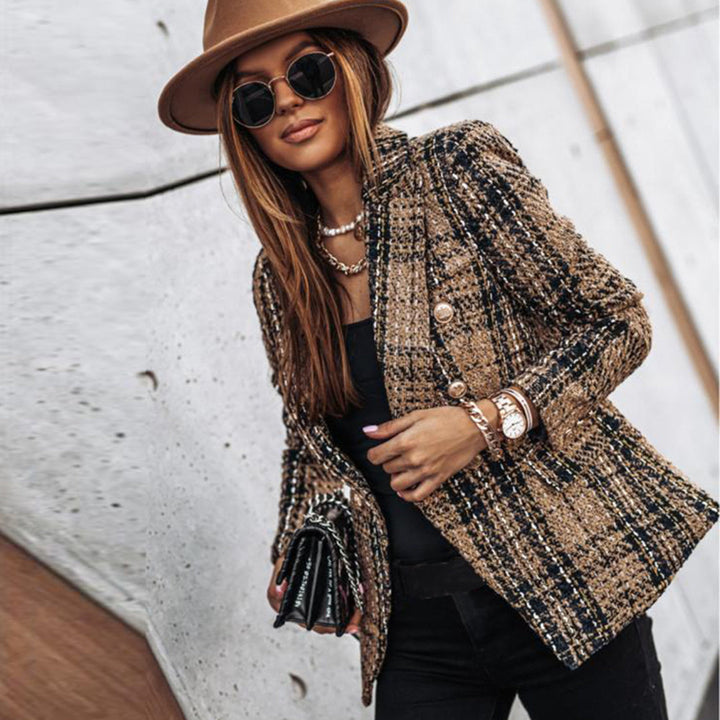 Mune | Double-breasted plaid blazer with long sleeves