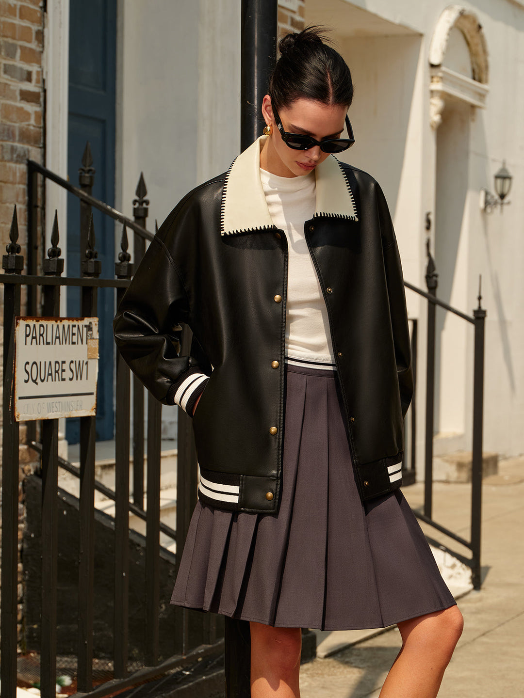 Mune | Collar Pu Leather Bomber Jacket