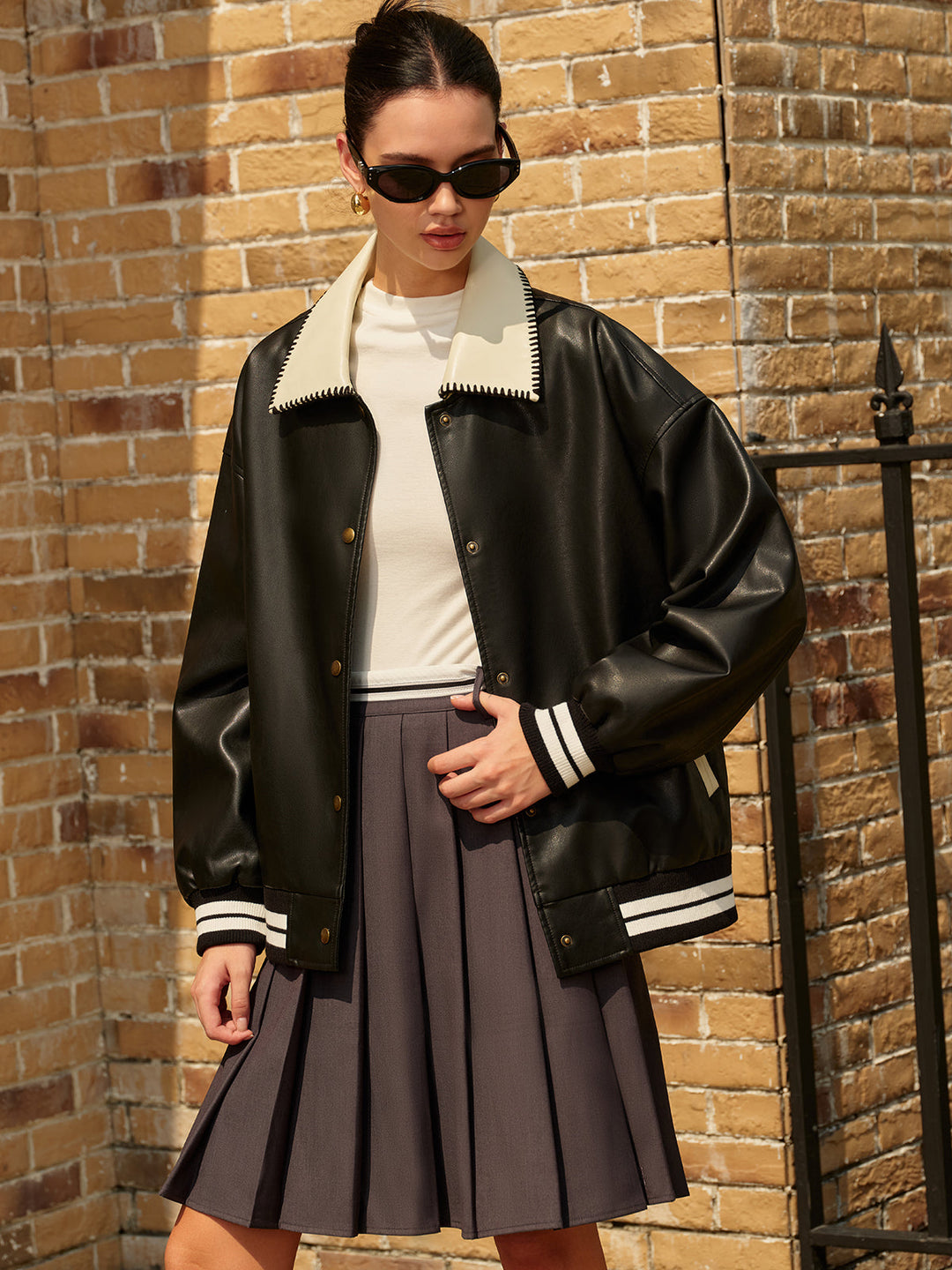 Mune | Collar Pu Leather Bomber Jacket