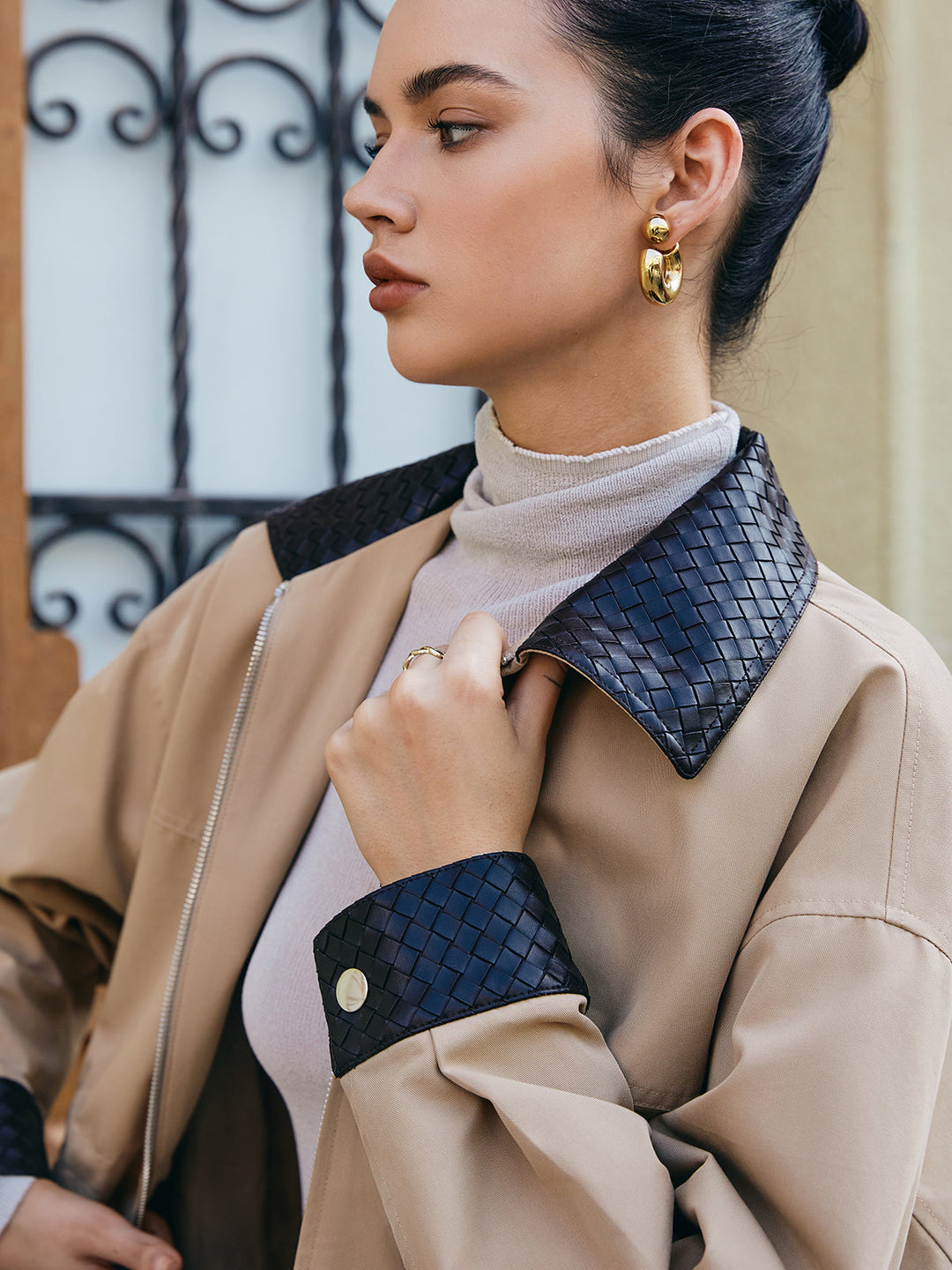 Mune | Contrast Collar Drawstring Faux Leather Jacket