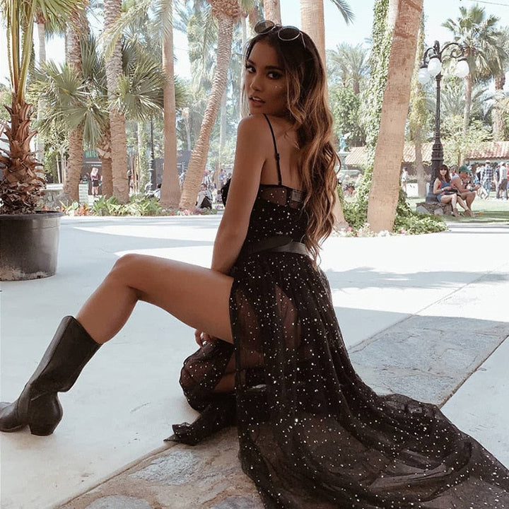 Mune Fashion | Star Black Mesh Transparent Sleeveless Maxi Dress
