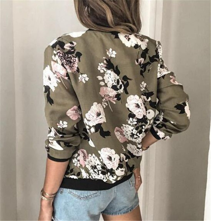 Mune | Women's Floral Bomber Jacket with Zipper and Long Sleeves