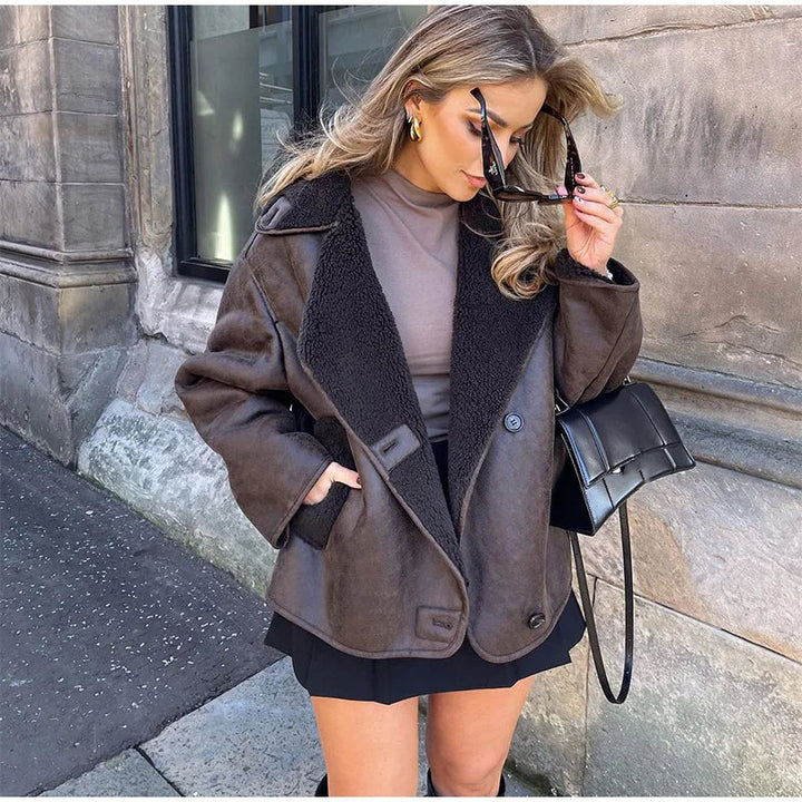 Mune | Women's Brown Leather Jacket with Fleece Lining and Long Sleeves