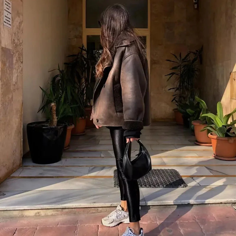Mune | Women's Brown Leather Jacket with Fleece Lining and Long Sleeves