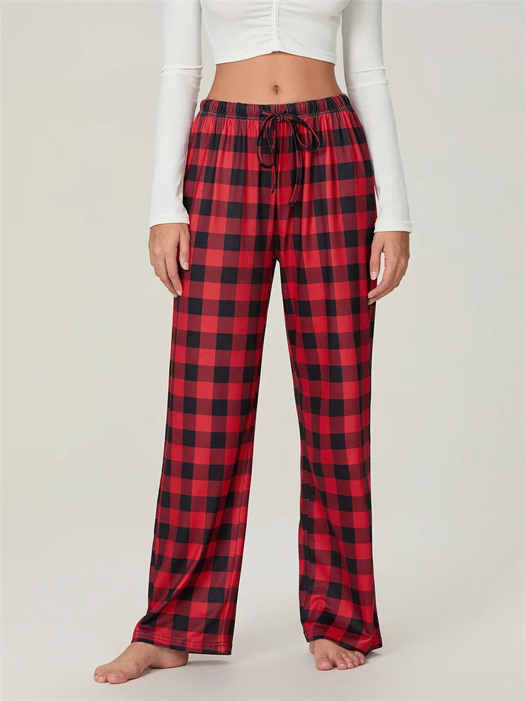 Mune | Christmas Plaid Print Lace-Up Elastic Sleep Pants