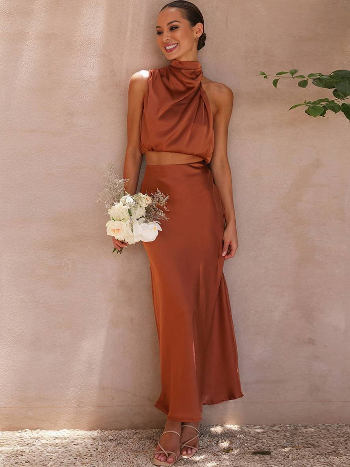 Mune Fashion | Dress Guests Wedding Women Halter Sleeveless Women Elegant Evening Two-piece Bridesmaid Dress