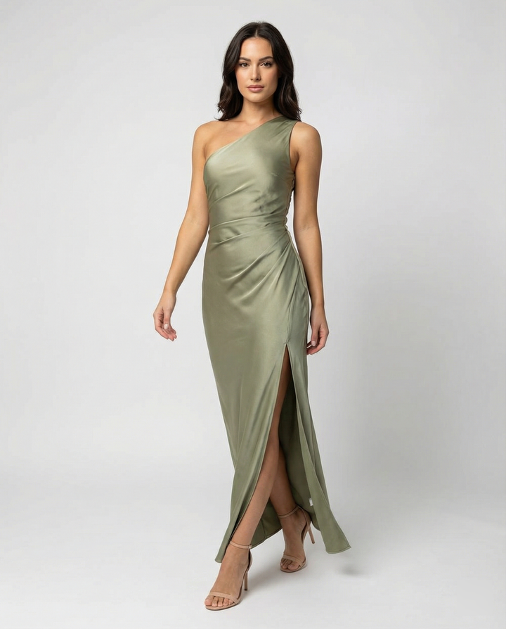 Mune Fashion | Dress Bridesmaid made of Satin Tight with Slit on the Side One Shoulder Without Sleeves Elegant Evening Dress for Wedding