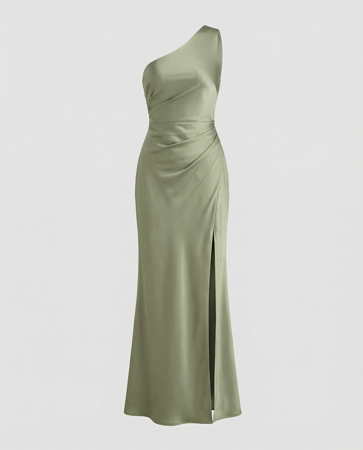 Mune Fashion | Dress Bridesmaid made of Satin Tight with Slit on the Side One Shoulder Without Sleeves Elegant Evening Dress for Wedding