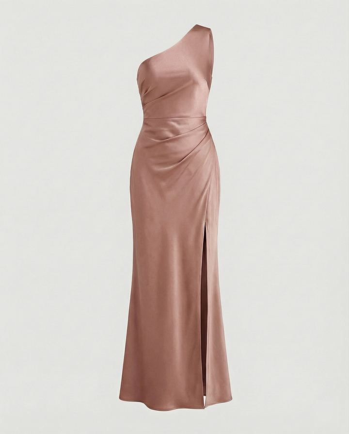 Mune Fashion | Dress Bridesmaid made of Satin Tight with Slit on the Side One Shoulder Without Sleeves Elegant Evening Dress for Wedding