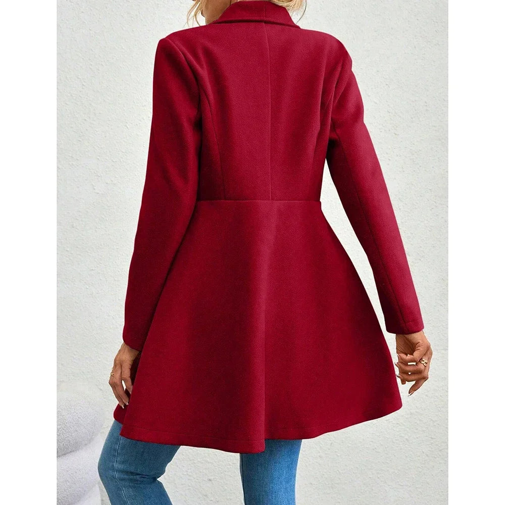 Mune | Women's Solid Long Winter Coat with Lapel and Button Closure