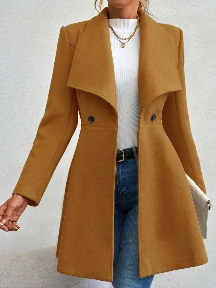 Mune | Women's Solid Long Winter Coat with Lapel and Button Closure
