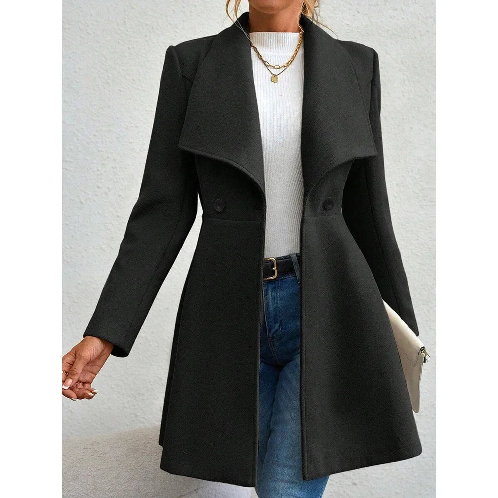 Mune | Women's Solid Long Winter Coat with Lapel and Button Closure