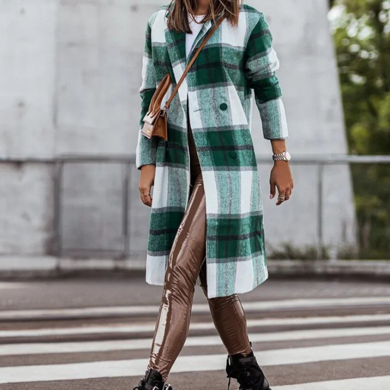 Mune | Wool coat - Long checkered autumn coat for women