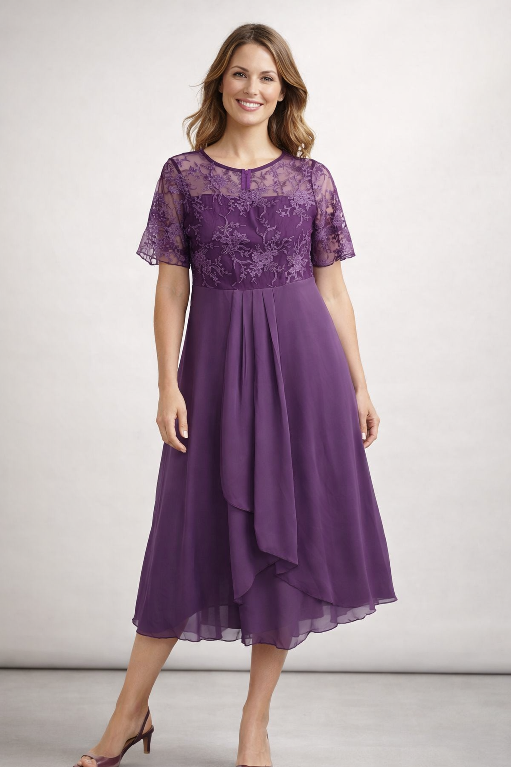 Women's Midi Dress with Lace and Chiffon Short Sleeve