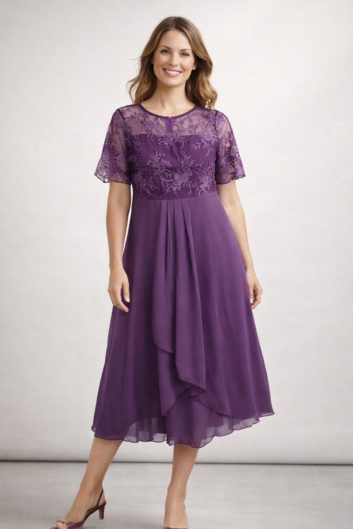 Women's Midi Dress with Lace and Chiffon Short Sleeve