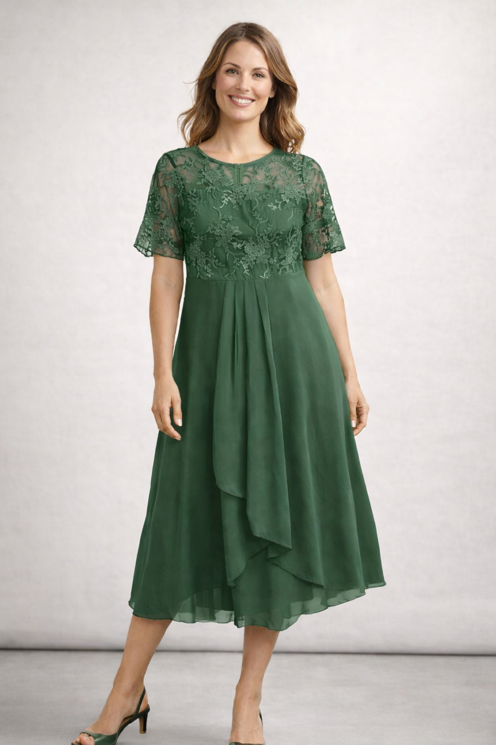 Women's Midi Dress with Lace and Chiffon Short Sleeve