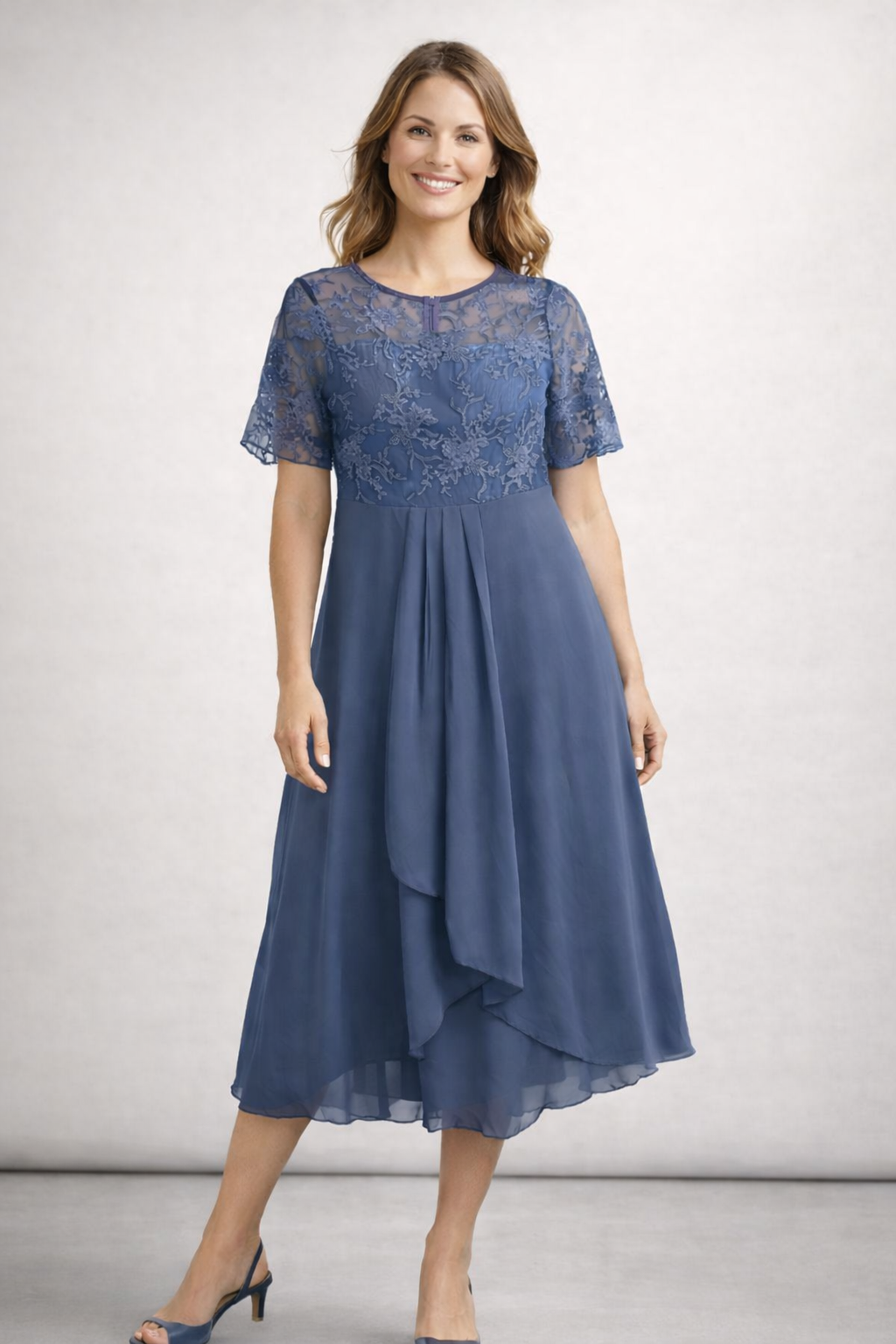 Women's Midi Dress with Lace and Chiffon Short Sleeve