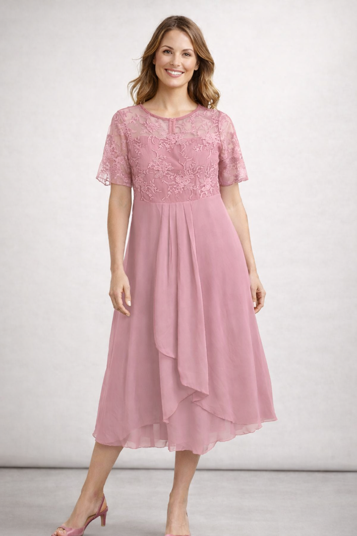 Women's Midi Dress with Lace and Chiffon Short Sleeve