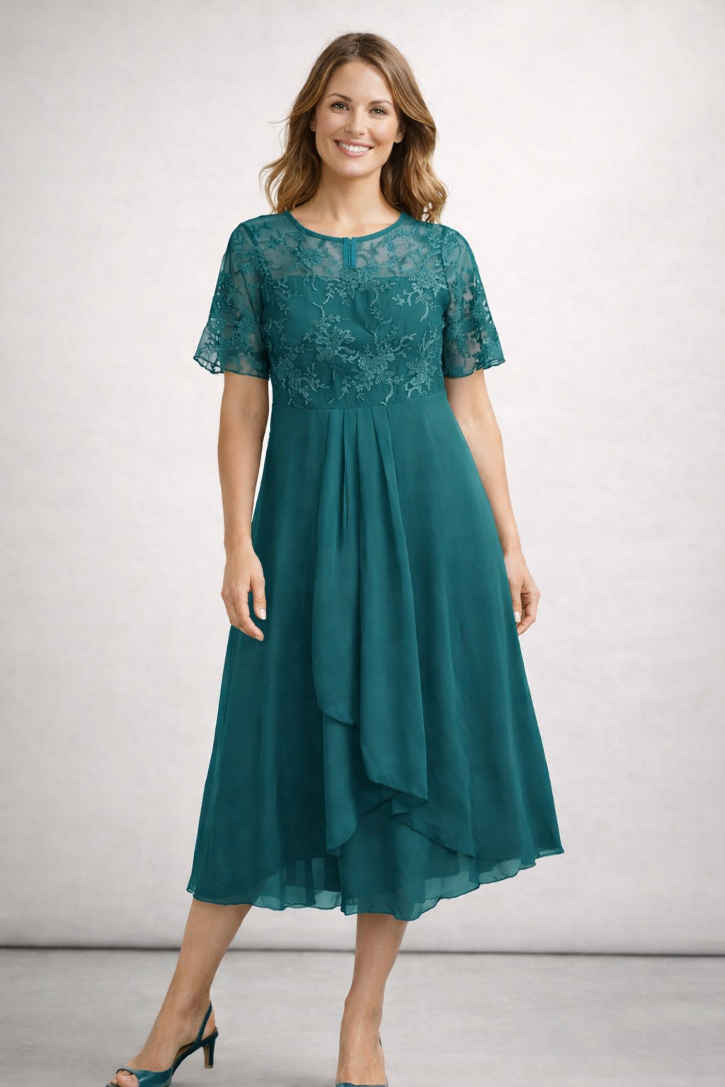 Women's Midi Dress with Lace and Chiffon Short Sleeve