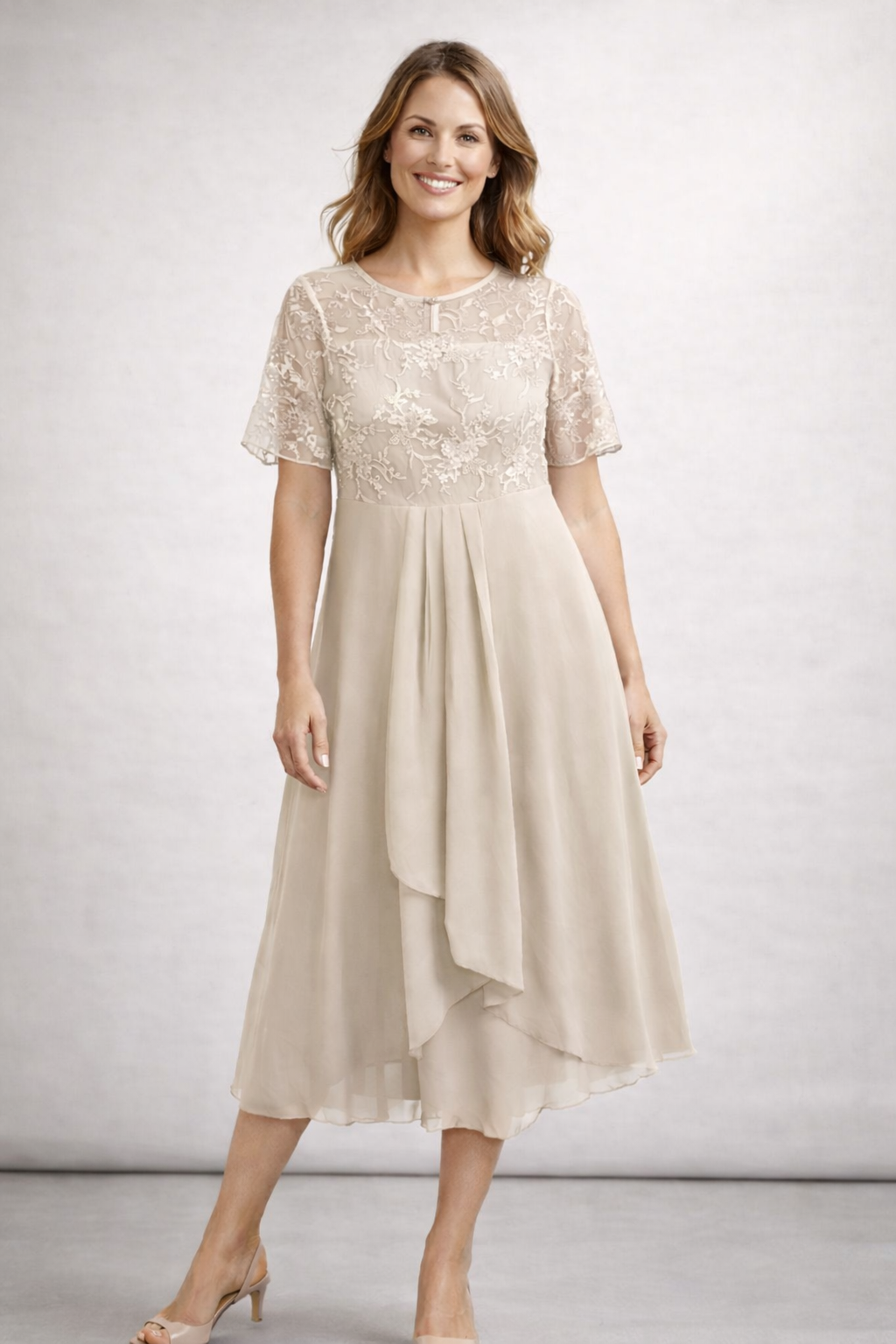Women's Midi Dress with Lace and Chiffon Short Sleeve