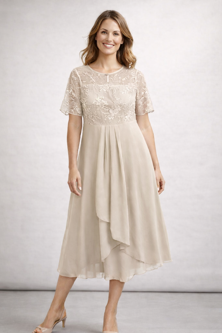 Women's Midi Dress with Lace and Chiffon Short Sleeve