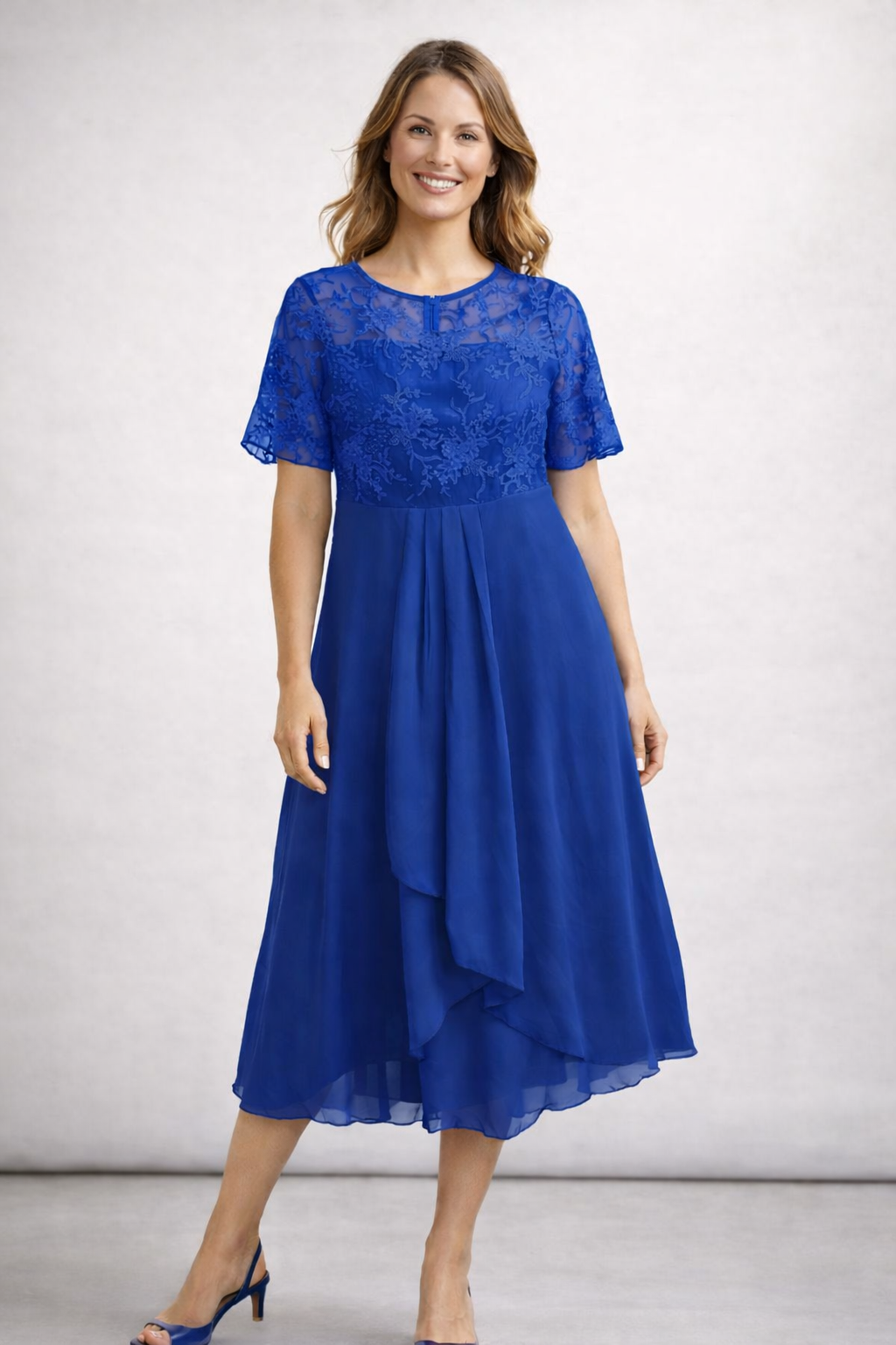 Women's Midi Dress with Lace and Chiffon Short Sleeve