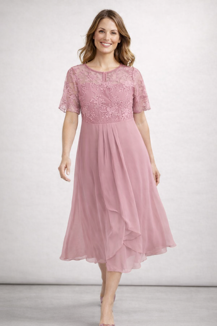 Women's Midi Dress with Lace and Chiffon Short Sleeve