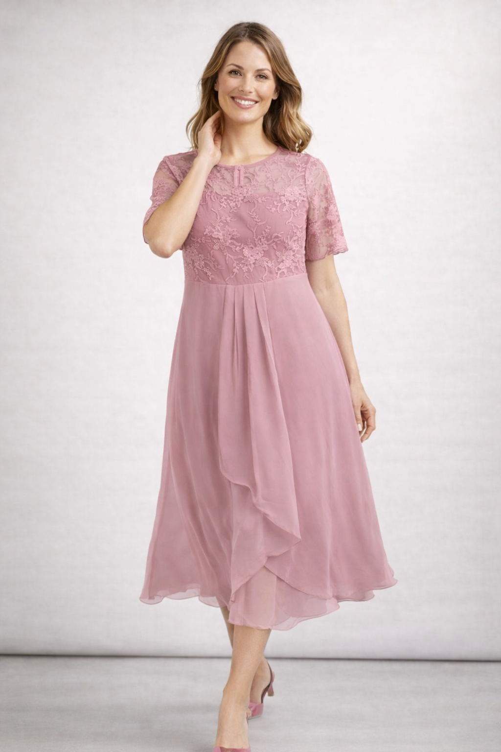 Women's Midi Dress with Lace and Chiffon Short Sleeve