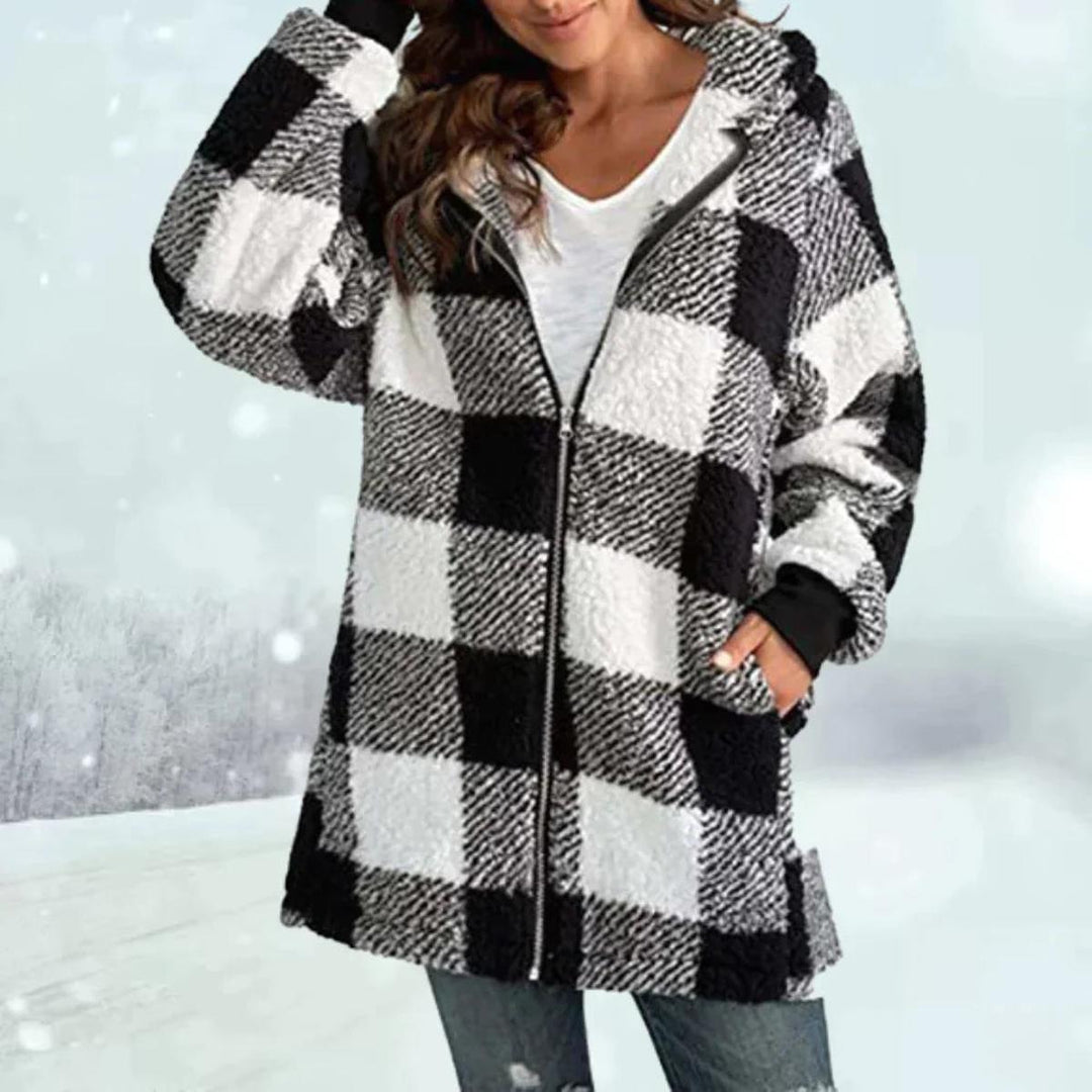 Mune | Check pattern faux fur winter coat with hood
